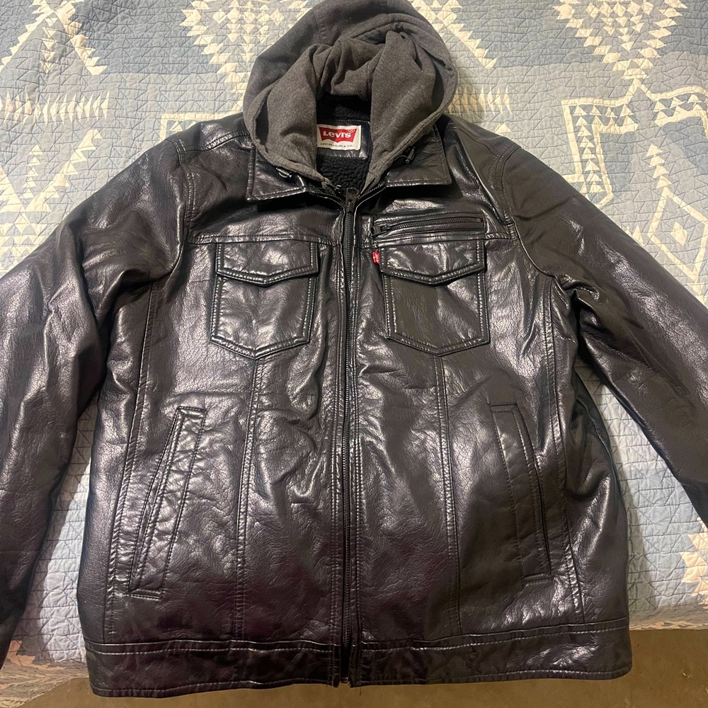 Levi's Black Faux Leather Jacket with Gray Hood